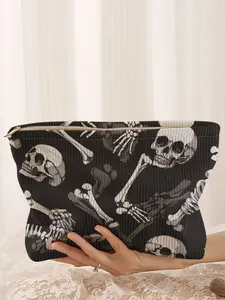 Skull Print Corduroy Makeup Bag, Cartoon Style, Cute Lightweight Multi-Functional Fashion Casual Cosmetic Bag, Travel Organizer