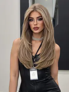 Rhinestone Lace Front Half Wig, Straight Acrylic Fiber, Layered Heat Resistant Synthetic Hair, Ideal for Office Women, 20-22 Inches