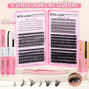 RITALASH 655Pcs DIY Lash Extension Kit D Curl 6 styles Individual Lash Clusters Eyelashes Extension Set with Lash Bond&Seal Glue Remover Tweezers