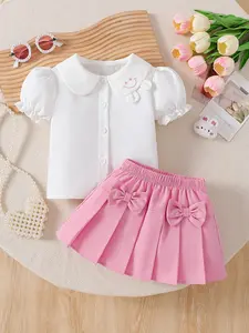 Baby Girl Set, Toddler Outfit, Smiley Face Button Front Pleated Dress, Bubble Sleeves & Embroidered Collar, 0-3 Years Spring Summer School Travel