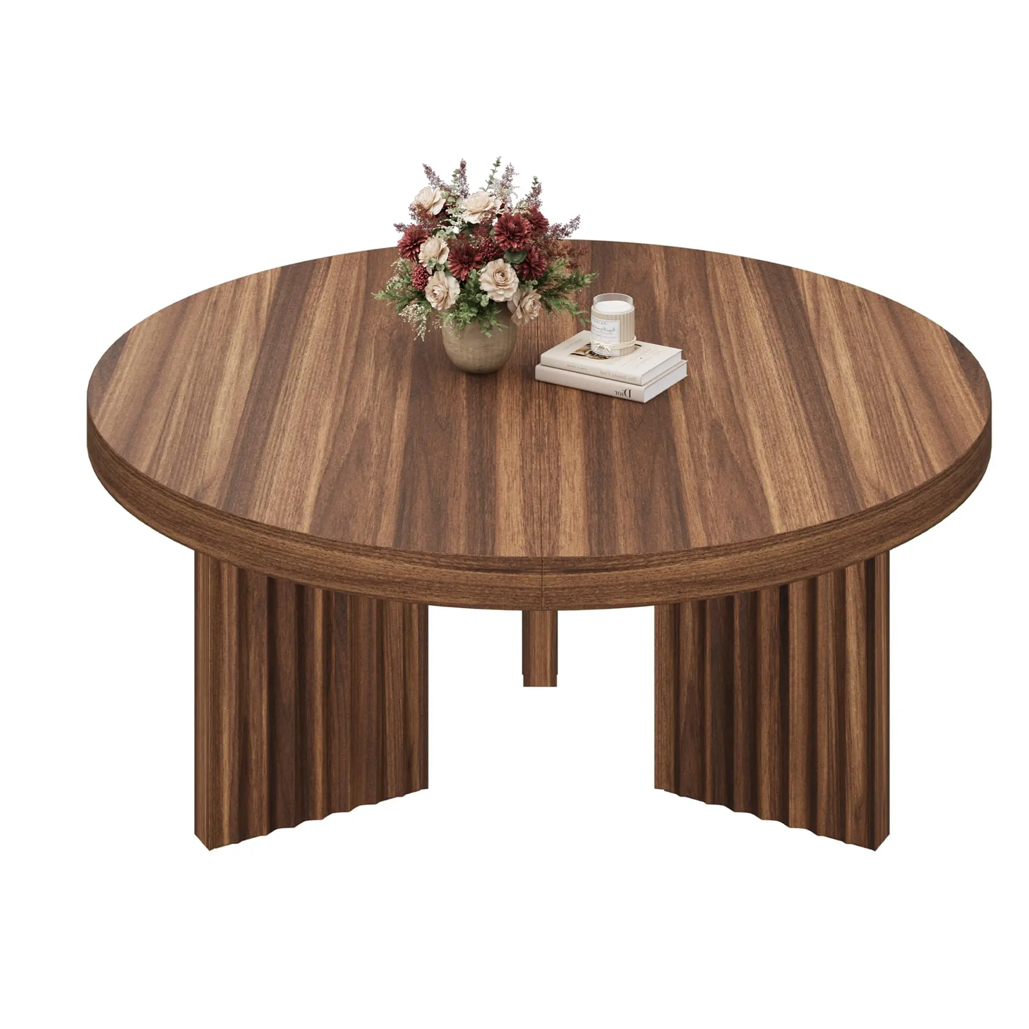 33.5" Round Coffee Table,Modern Circle Center Table with Fluted Legs, Low Wooden Coffee Table for Living Room, Bedroom, Accent Tea Table, Easy Assembly