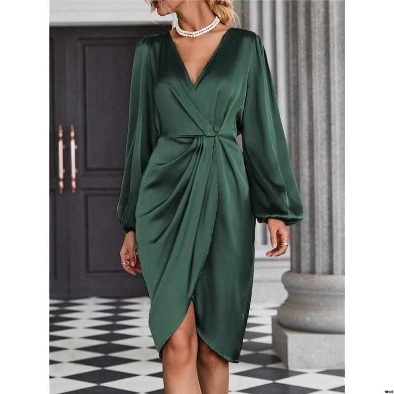 Dress satin hem body sleeve wrap lantern Clasi SHEIN
