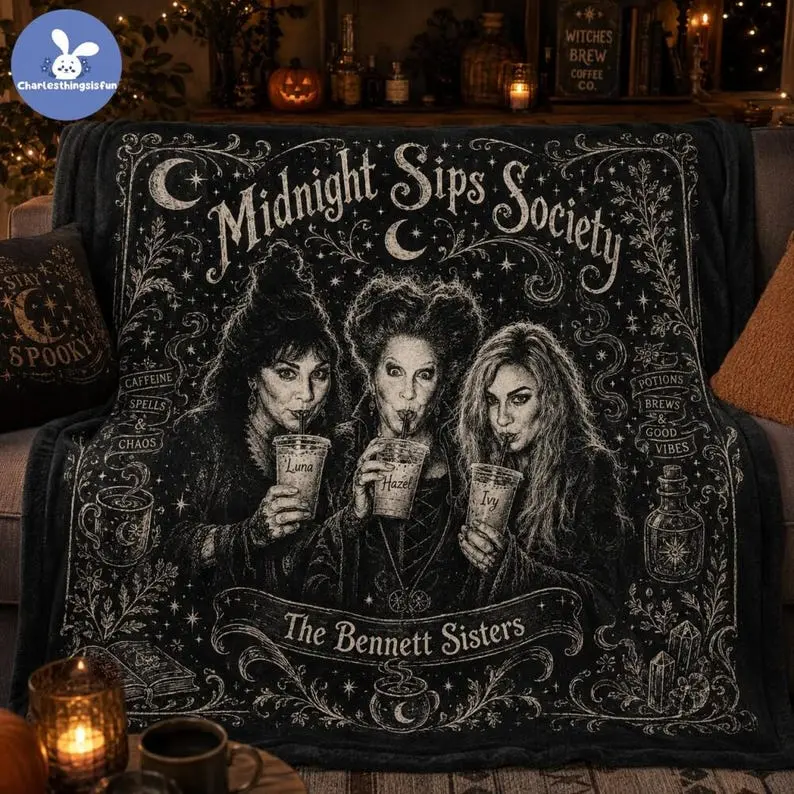 Personalized Halloween Blanket for Girls, Custom Name Midnight Sips Society Blanket, Bad Witches Halloween Throw, Bestie Sleepover Blanket