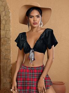 Elegant Love 3-Piece Lingerie Set - Red Plaid Skirt & Black Top with Necktie Design and thong for Women's Roleplay Custom Outfits, Versatile Preppy Style