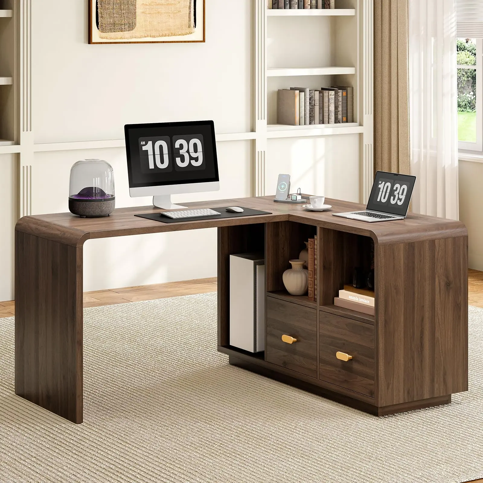 【BackToSchool】ONBRILL 58" Executive L Shaped Desk, Home Office Desk with File Drawers, Computer Desk with Power Outlets and Storage Shelves, Corner Computer for Home Office