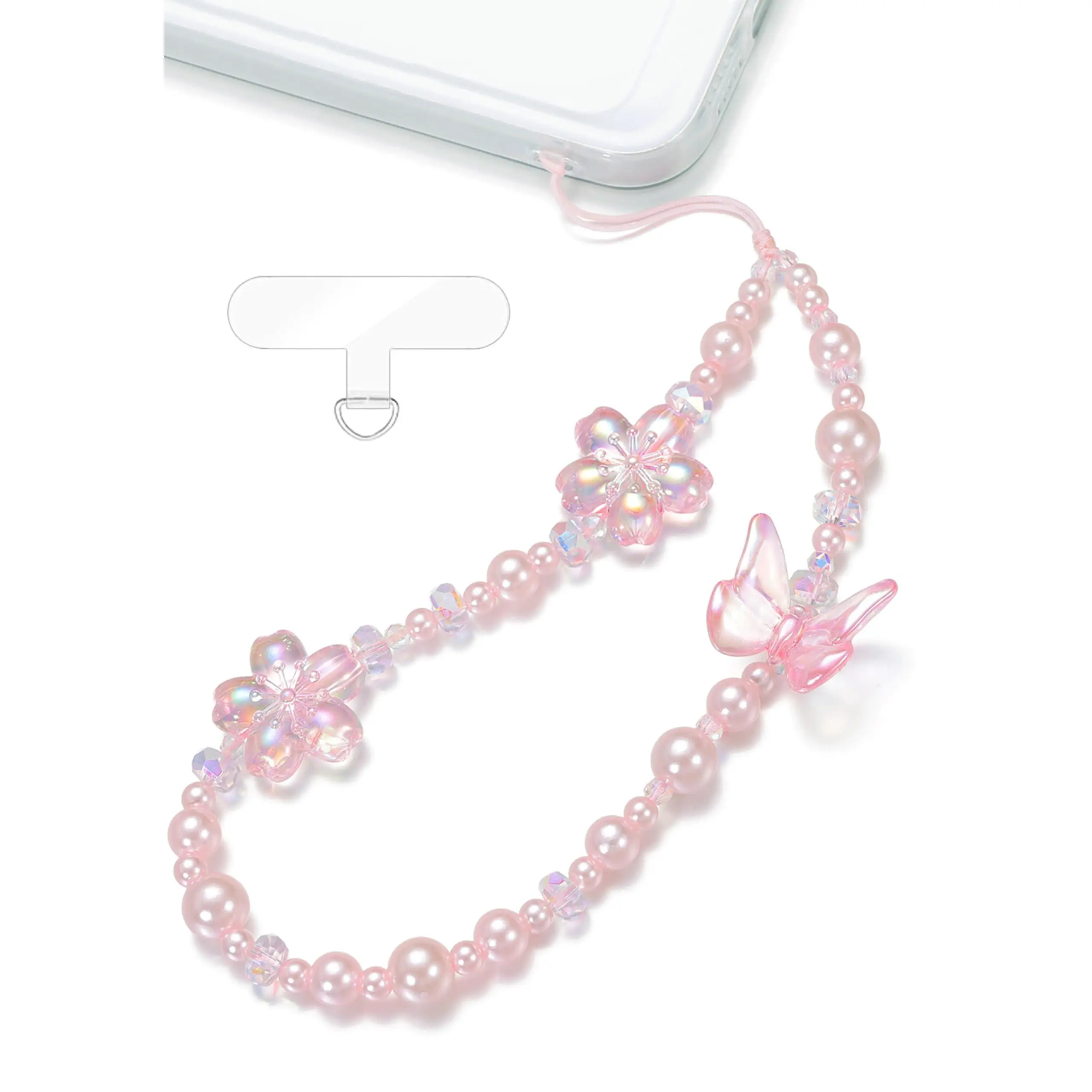 TRBR Pink Flower Phone Charm Wrist Strap, Cherry Blossom and Butterfly Beaded Lanyard Wristlet Chain, Anti-Theft & Hands-Free Bracelet Strap for iPhone & More Cell Phone Cases