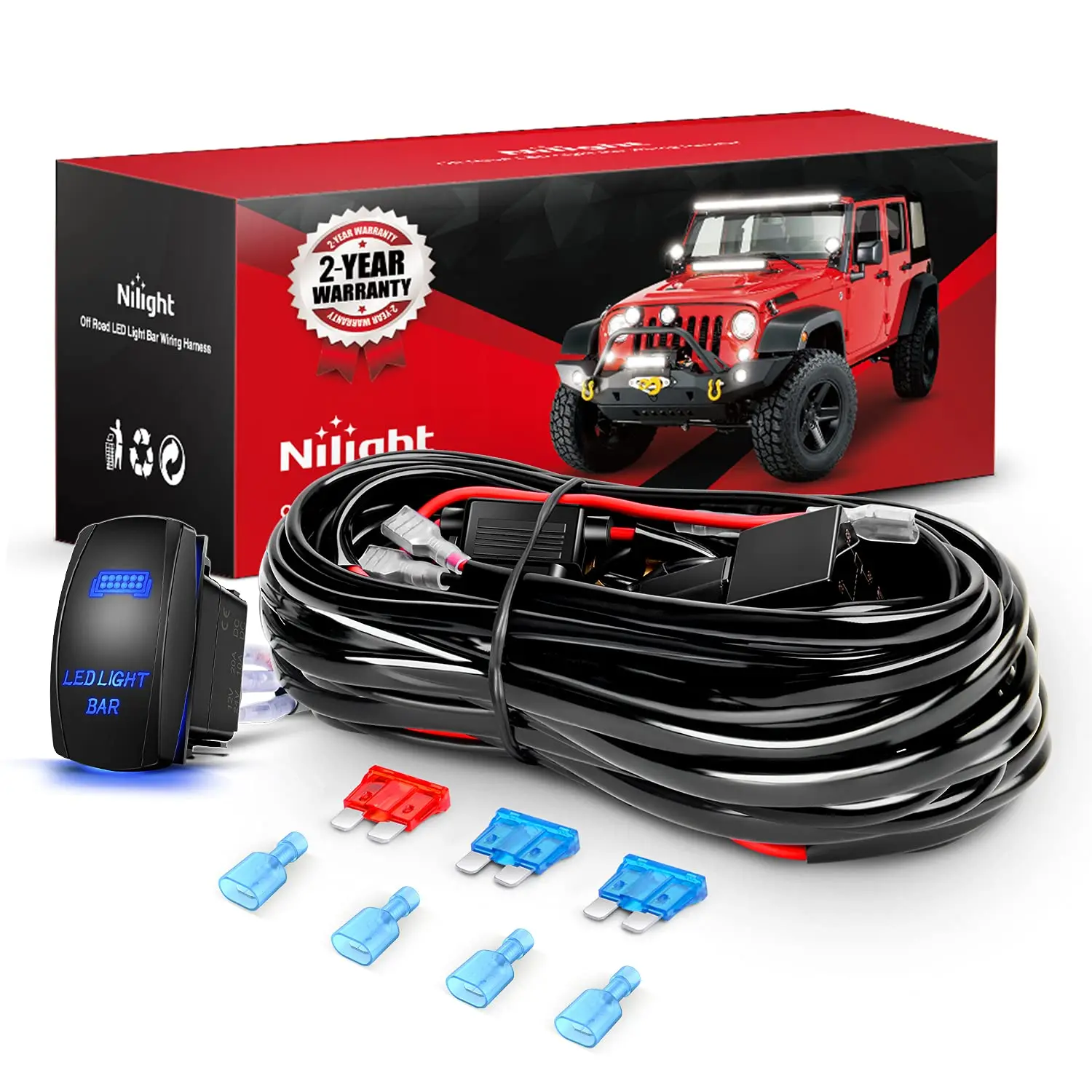 Nilight 10011W 16AWG Wiring Harness Kit, 2 Leads Car Lighting Accessories with 12V On/Off 5-Pin Rocker Switch, Power Relay, Blade Fuse for LED Light Bars, Jeep, Trucks Car Battery Jumper Car Audio