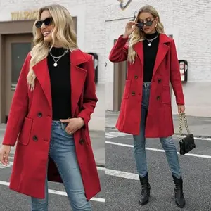 Women's Winter Wool Blend Camel Hair Mid-Length Coat with Notched Double-Breasted Lapel Jacket