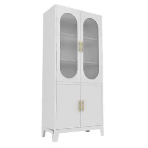 Fluted Glass Doors Cabinet - 2 Fluted Doors, White, Open Front Design, Metal Handles, Modern Style, Elegant and Functional Storage Solution