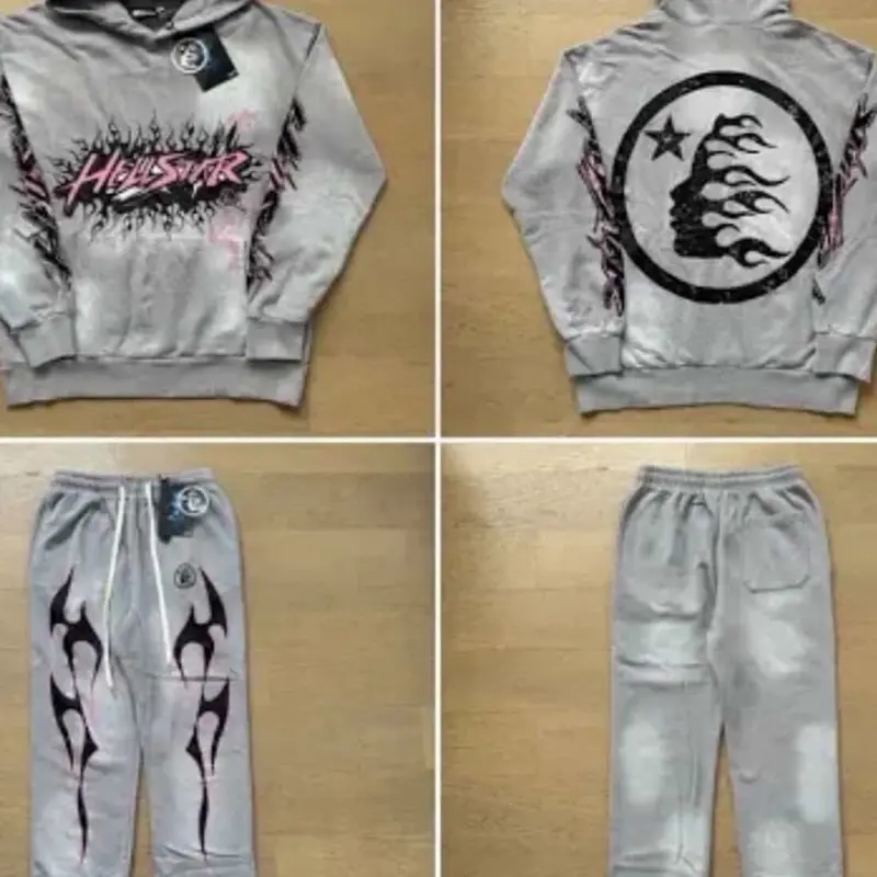 Hellstar Hoodie & Jogger Set - Grey Flame Design, Comfortable Fit, Perfect for Casual Wear