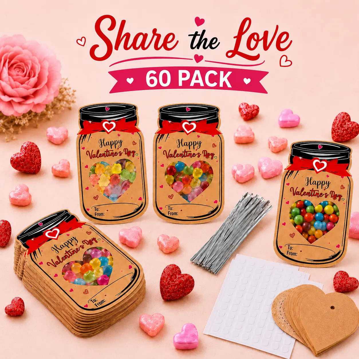 60 Pack Mason Jar Valentine Cards with Transparent Bags – DIY Candy Jar Exchange Cards for Kids, Classroom School Party Favors, Funny Valentine’s Day Gifts (Candy Not Included)