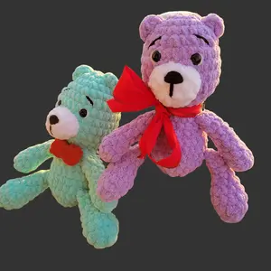 Crochet Bear Plush with Red Bow, Soft Chenille Amigurumi, Colorful Stuffed Animal, Kawaii Gift