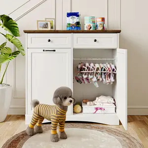 Dual Doors Dog Food Dog Clothes Storage Cabinet, Tilt-Out Dog Feeding Station with 4 Feeding Bowls, Pet Feeder Cabinet