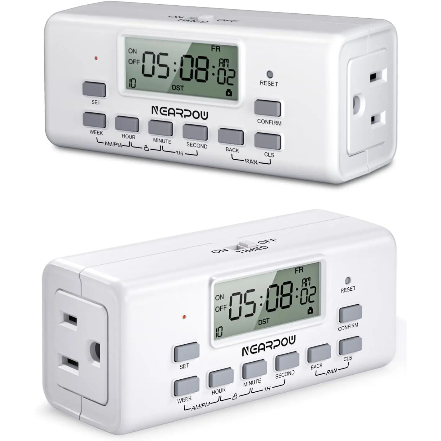 [2 Pack] 3-Prong Grounded Digital Outlet Timer with Dual Outlets, 10 On/Off Programs, 24-Hour & 7-Day Programmable, Child Lock, Daylight Saving Time, Display, 15A/1875W for Lamps
