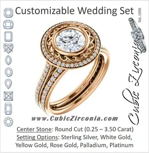 CZ Wedding Set, featuring The Sydney Ava engagement ring (Customizable Cathedral-Bezel Round Cut Filigreed Design with Halo & Pavé Accents)