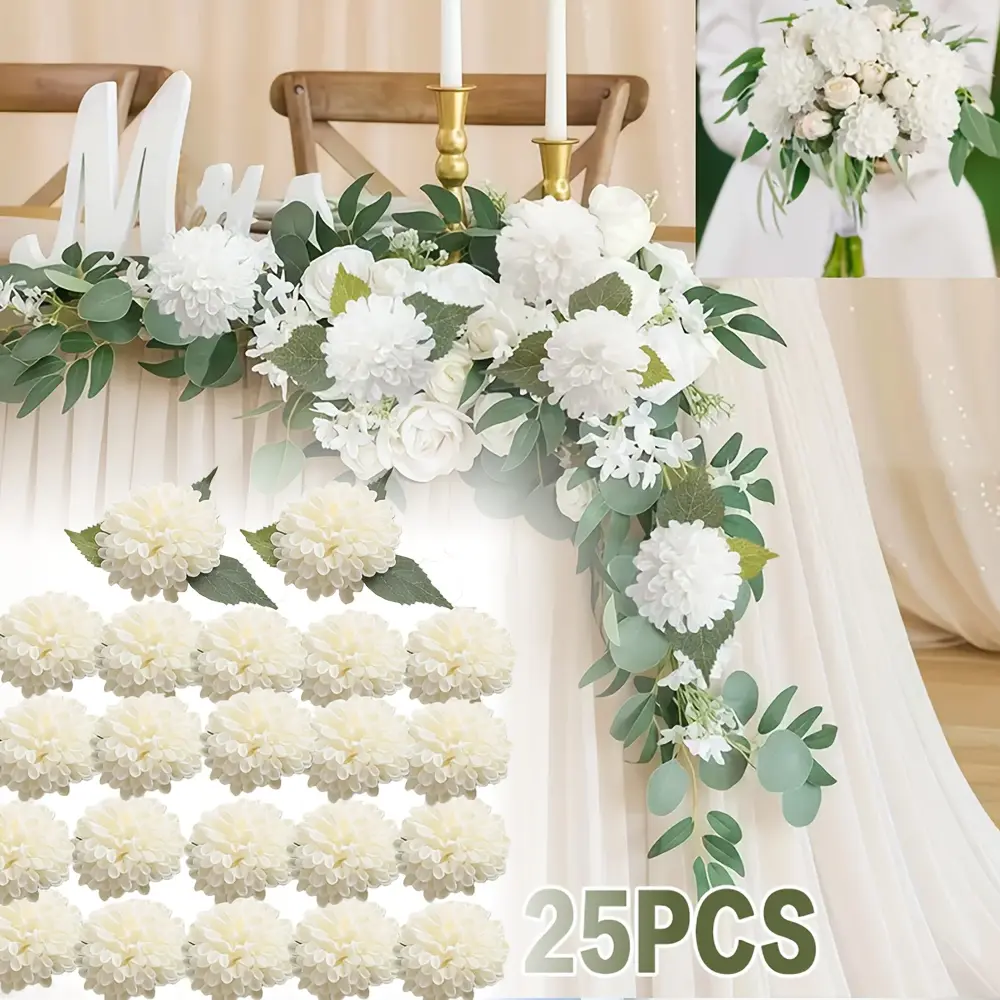 25Pcs Real Looking Ivory Foam Fake Roses with Stems, Artificial Dahlia Flowers for DIY Wedding Bouquets White Bridal Shower Centerpieces Floral Arrangements Party Tables Home Decoration