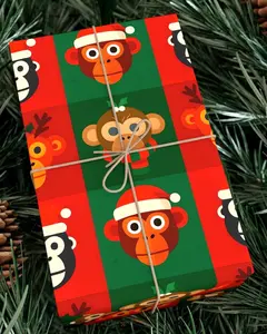 Christmas Wrapping Paper, Cute Monkey Gift Wrap, Zoo Animal Present, Funny Santa Monkey Paper, Kids Holiday Gift Wrap for Monkey Lovers
