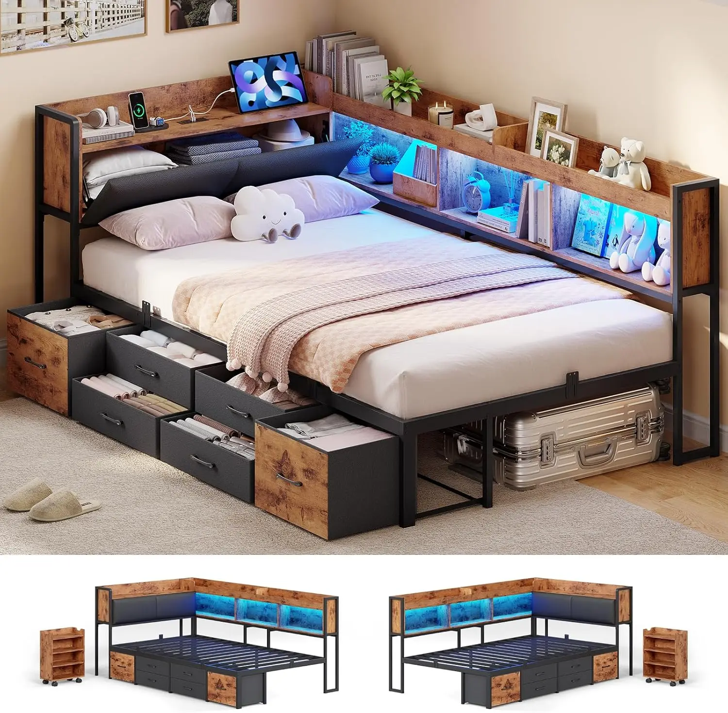 AOGLLATI Twin Corner Bed Frame - 14-Inch Metal Platform Bedroom Furniture with Bookcase, Hidden Underneath Storage, Pull-Out Cabinet, 6 Drawers, USB Port Charging Station, LED Lights for Apartment Use