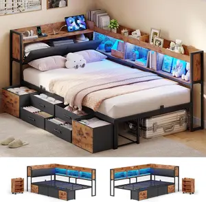 AOGLLATI Twin Corner Bed Frame with Bookcase and Hidden Storage & Pull-Out Cabinet-14 Inch Metal Platform Twin Size Daybed with 6 Drawers,Charging Station, Led Lights for Kids/Teens