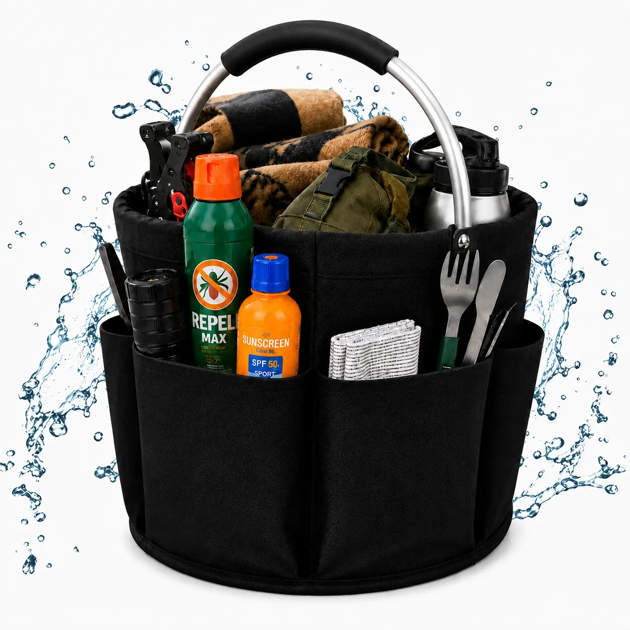 17L Foldable Cleaning Caddy Organizer - 6-Pocket Waterproof 600D Oxford Storage Tote with Portable Carry Handle, Travel Cruise Accessories for Home, Car (Folds to 1.6in Flat)