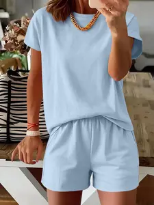 2-Pack Fashionable Round Neck Women's Short Sleeve Shorts Set, Loose Casual Short Sleeve   Shorts Two-Piece Lazy Set, Casual Loungewear Set, P T-Shirt and Hot Pants Set, Suitable for Daily Wear Women's Set