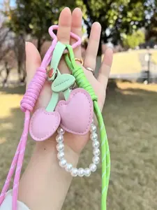 Cherry Heart Bag Charm Paired With A Two-Tone Braided Cord+Simulated Pearl Beads Fresh, Sweet, And Energetic Style Gentle And Versatile For Bags, Keys, And Earphone Cases Gifts For Friends / Birthday Gifts