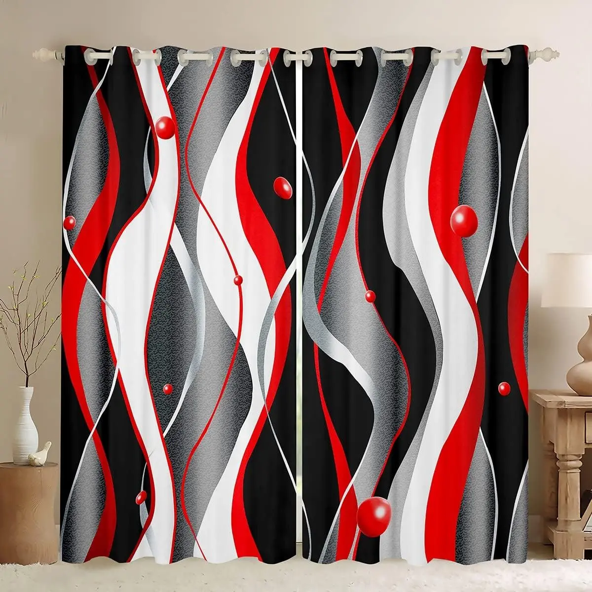 Feelyou Multi-Size 2-Panel Velvet Grommet Curtains - Bold Color Geometric Spiral Stripes, 30%-50% Light-Blocking Drapes for Privacy, Home Textile Window Treatment & Window Decor