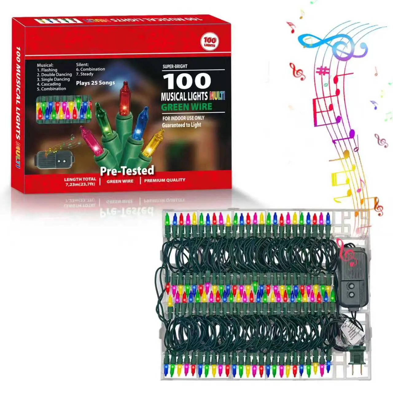 LAMPHOME Musical Christmas Lights,100 Lights 23.7ft Plays 25 Classical Holiday Songs,UL Certified Mini Bulb String Lights for Outdoor Christmas Tree Garden Party Patio Garland Decor (Multicolor)