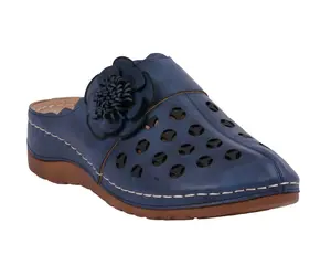 Women's Navy Flat Mules with 3D Flower Accent & Scallop Trim Slip-On Walking Shoes for Active Girls