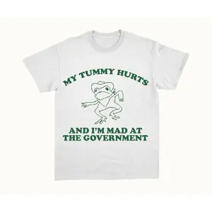 "My Tummy Hurts & I’m Mad At The Government" T-shirt, 100% cotton. Unisex crewneck, short sleeves, funny retro frog tee.