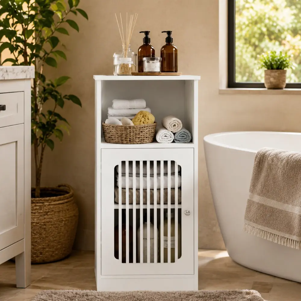 Littleox Bathroom low cabinet, louvered door floor-standing bathroom storage cabinet, multi-layer bathroom storage cabinet, white