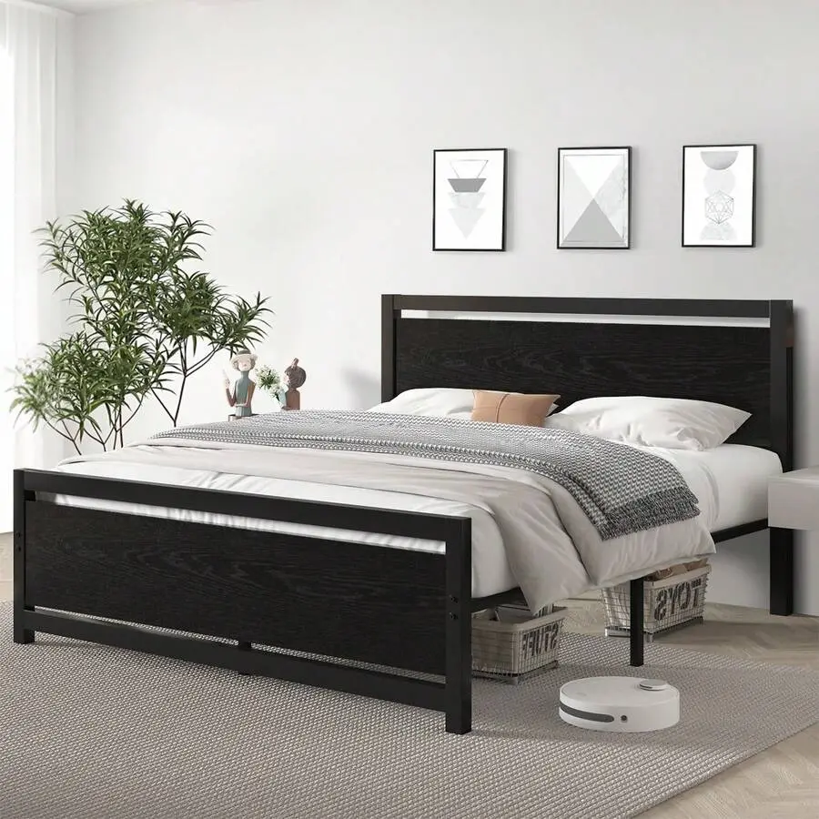 Twin & Full & Queen Metal Platform Bed Frame With Wooden Headboard And Footboard, 10.5in Under Bed Storage, All-Metal Support System, No Box Spring Needed,Noise Free, Easy Assembly
