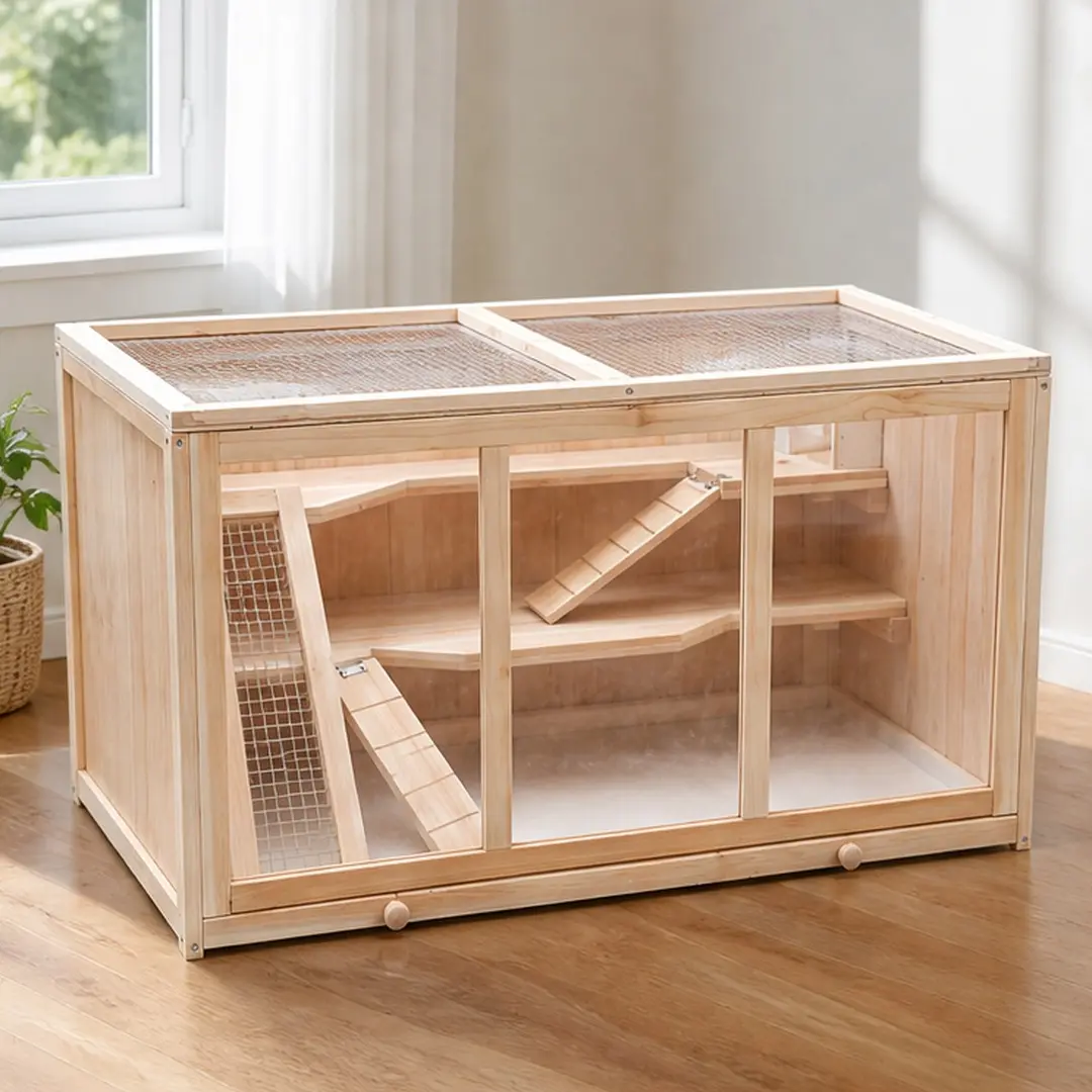 ARCH Large Natural Solid Wood Small Pet Cage - 37.4in Multi-Level Hutch for Syrian Hamsters, Guinea Pigs, 360° Acrylic Windows, Deep Tray, Ventilation, Chew-Resistant, Non-Toxic, 19.70w x 38.00d x 20.00h in, 19.60 lb, Natural Color Options