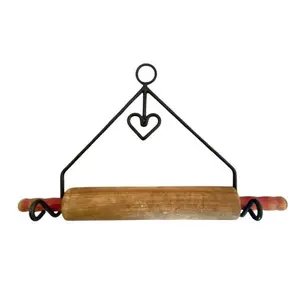ROLLING PIN RACK with HEART - Wrought Iron Kitchen Wall Mount Holder