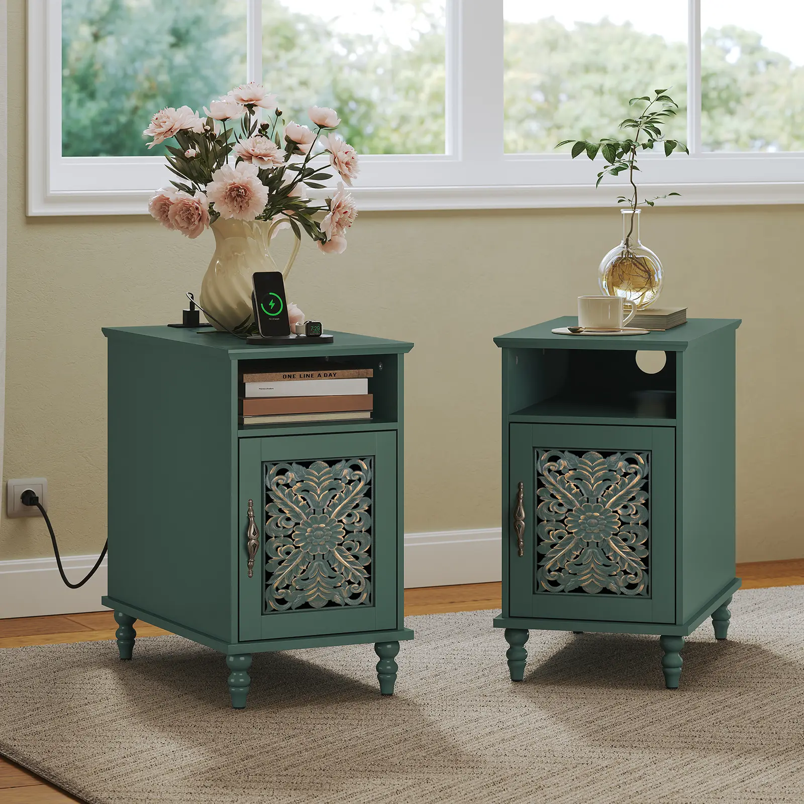 Green - Vintage Carved Nightstand