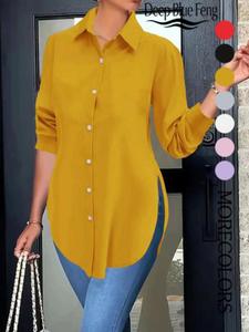 women's plain button front split side shirt, casual long sleeve collared top for spring & fall, going out tops, ladies clothes for daily wear, trending clothing women, chic womenswear