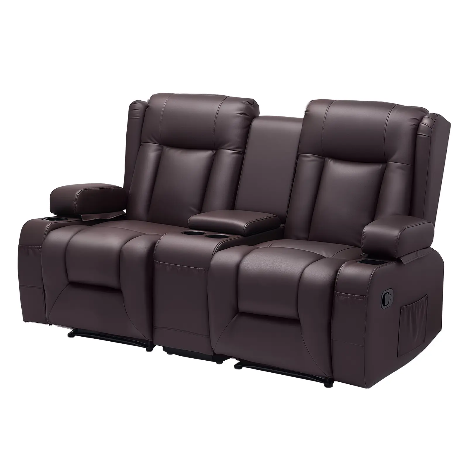 【SummerFinds】VEVOR Metal Manual Reclining Leather Loveseat Sofa - Living Room Reclining Sofa with PU Faux Leather, Center Console, USB Ports, Cup Holders, Storage Bags, for RV, Brown, Reclining Sofa Leather