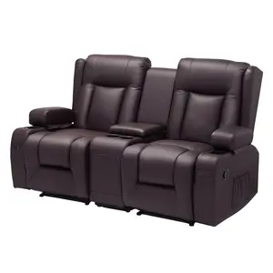 【DealsForYouDays】VEVOR Metal Manual Reclining Loveseat Sofa, Comfy Couch with Center Console, PU Faux Leather, USB Ports, Cup Holders, Storage Bags, for Living Room/RV, Brown