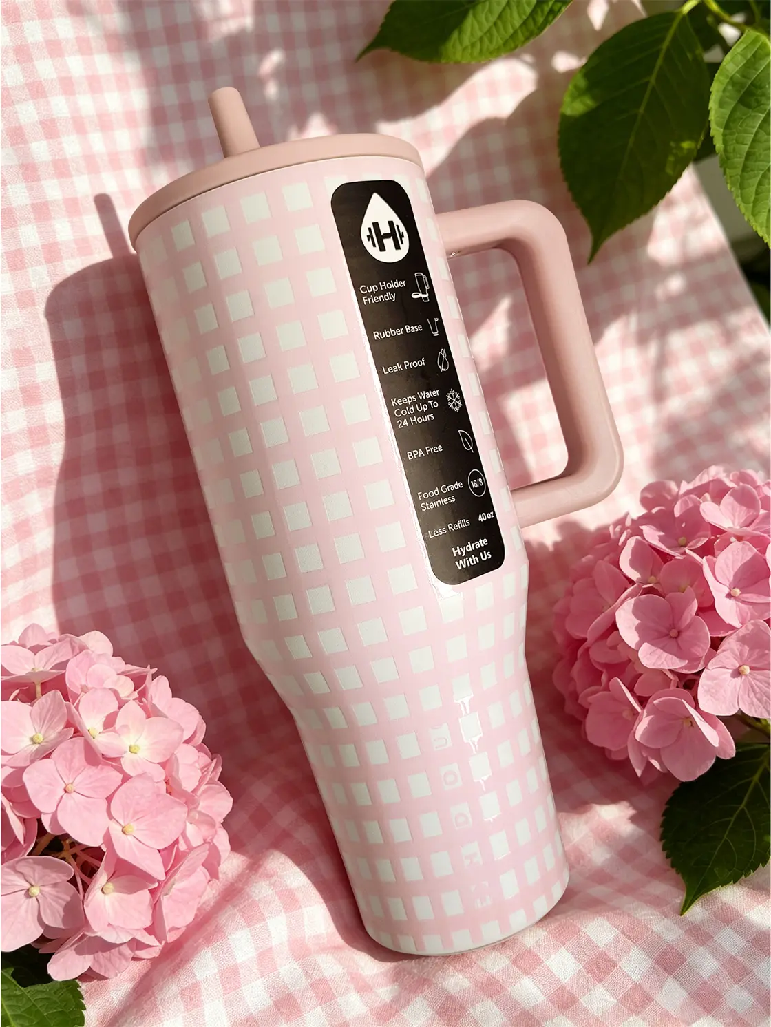 HYDROJUG Traveler 40oz Pink Gingham Portable Water Bottle - Triple-Wall Insulated Stainless Steel Flask with Flip-Straw Lid, Completely Leak-Proof, Ideal for Birthday & Festival Gifts