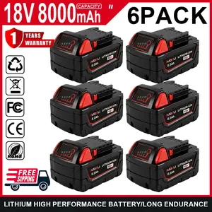 6-Pack M18 8.0mAh 18V Replacement Battery for milwaukee Replacing batteries with electric tools M-18 Battery Pack Compatible with M-18 8000mAh Lithium Battery 48-11-1890,48-11-1850,48-11-1828,48-11-1820,48-11-1815 Cordless Tools milwaukee battery