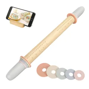 Adjustable Wood Rolling Pin with 5 Thickness Rings, Precise Dough Roller Handle Press Design with Measurement Guide for Fondant, Pizza, Pie Crust, Cookie, Pastry Baking Decorating Accessories