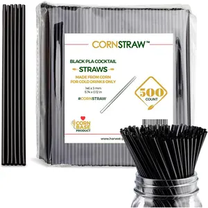 [500 COUNT]CORNSTRAW 5" Short  Straws & Coffee Stirrers -  PLA Cornstarch Plastic-Free Black Straws - Sip Stir Sticks for , , Cold Drinks - Bar & Party Supplies