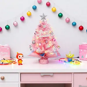 Pink Mini Christmas Tree with Silver Star Topper, 17.72 Inch Small Tabletop Christmas Tree with Ornaments & Lights, Christmas Table Decorations for Desk, Indoor Xmas Decor