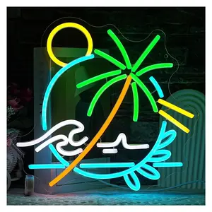 Sign Illuminated Palm Tree Neon Sign Sea Wave LED Light For Bedroom Living Room Bar Hotel Restaurant Office Home Decor 33cmx34.5cm Sign Lamp