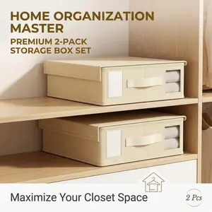 2 Pack Fabric Storage Boxes with Lid, Foldable Organizer Bins with Clear Window, Handle & Label Holder for Clothes, Documents & Wardrobe Organization