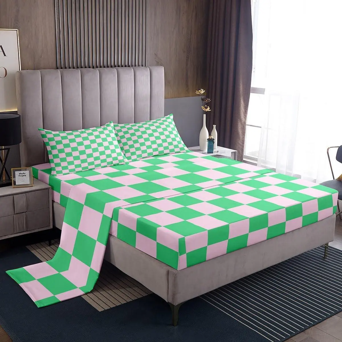 Geometric Plaids Patchwork Kids Sheet,Abstract Grids Checkerboard Boys Girls Bedding Set,Checkered Latticed Modern Pink Green Bed Sheet Set,(Fitted + Flat Sheet)