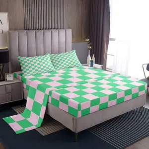 Geometric Plaids Patchwork Kids Sheet,Abstract Grids Checkerboard Boys Girls Bedding Set,Checkered Latticed Modern Pink Green Bed Sheet Set,(Fitted + Flat Sheet)