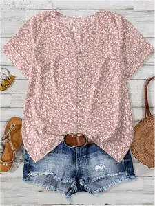 Women's Casual Loose-Fitting Short Sleeve Shirt, All-Over Floral Pattern Design, Woven Fabric Material, Perfect for Daily Wear & Stylish, Womenswear, Tops, Blouses, Lady