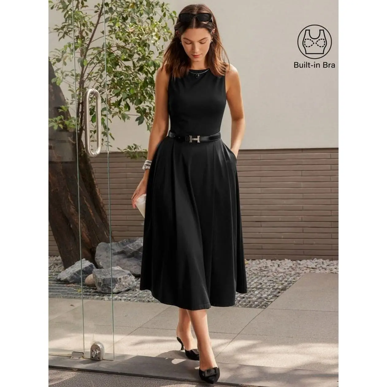 Women's Casual Breathable Boatneck Bamboo Ponte Bra Midi Dress with Pockets, Blended with Spandex and Nylon, Fabric