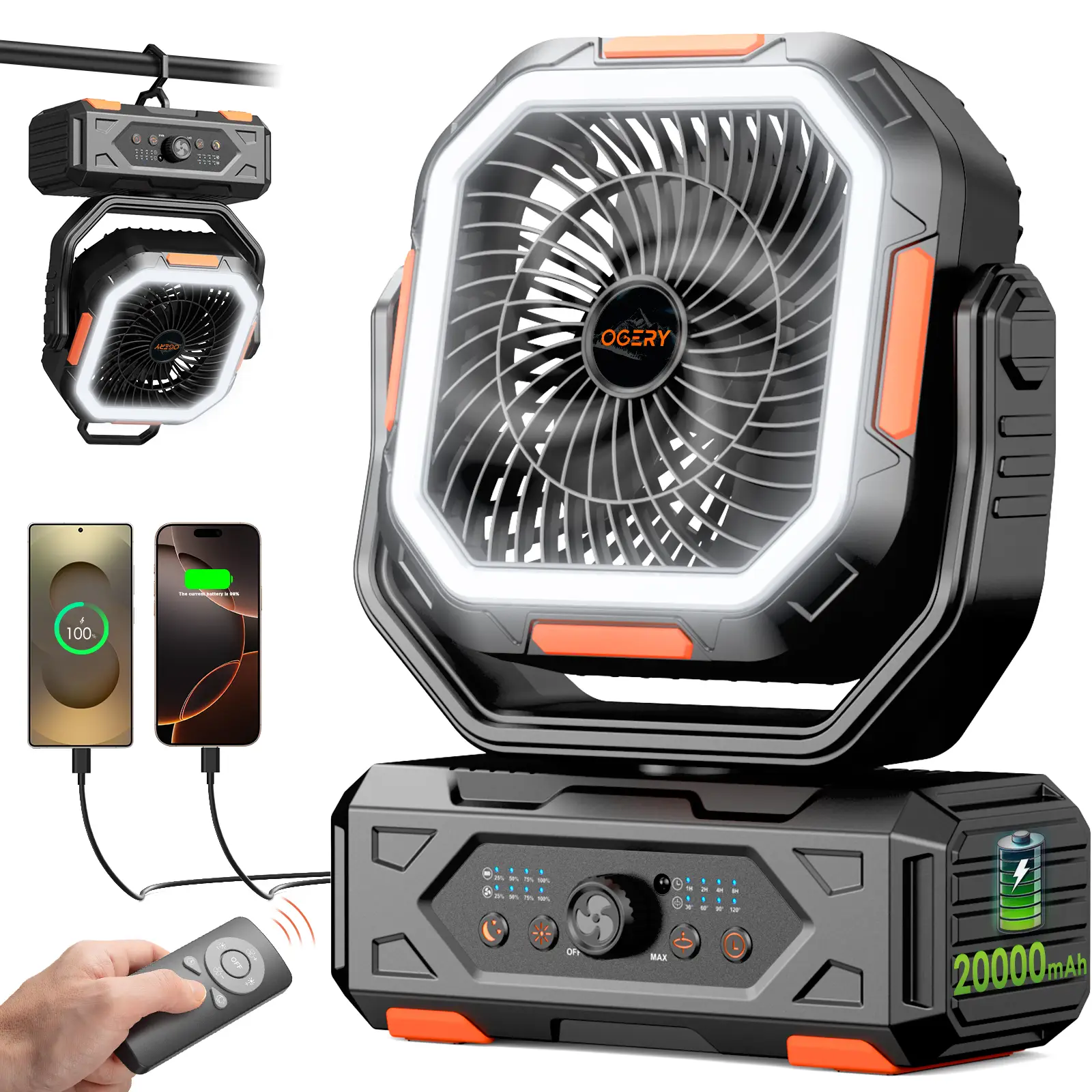 2025 Upgraded Camping Fan – 20000mAh Rechargeable Battery, LED Light, 270° Adjustable Head, Remote-Controlled Oscillating Desk Fan for Tents, Travel,